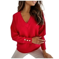 Ženski vrhovi dugih rukava, čvrste bluze modne žene majice V-izrez ljetna tunika tee crvena 2xl