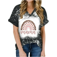 Mama majice za žene Leopard Rainbow uzorak tiskani kratki rukav V izrez grafički tees top casual izbijeljena
