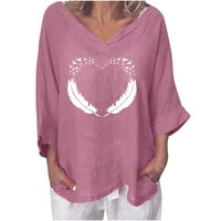 LydiaUnistar dugi vrhovi čišćenje ženske modne otisnute V- izrez tri četvrtina rukave majica bluza labava vrhova ružičasta L