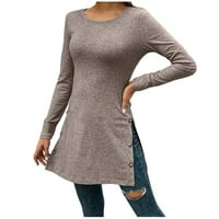 Ženski udobni dugačak pulover za pad modni modni tanak tipka na strani rubne slatke ležerne boje u boji