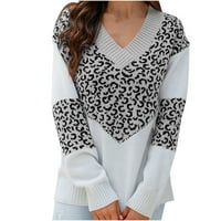 Prodaja Ženska jesen zimski džemper boja kontrast dugih rukava pulover V-izrez Leopard spajanje džempera