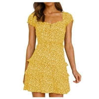 Ljetne haljine za žene kratki rukav mini kratki simpatični a-linijski ispisani kvadratni dekolte za putovanja Žuta s