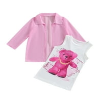 Djevojke toddlera Ljeto Dva trendi odjeća medvjedske tenkove bez rukava i ružičaste šifonske zaštitne košulje za sunčanje 4 godine