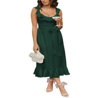 Ženska ljetna midi haljina, bez rukava scoop vrat čvrste boje ruffle saten haljina s kaišem