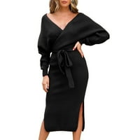 Jesenske haljine za žene Trendi pleteni džemper V izrez zamotajte pletene haljine džemper sa rukavima u obliku rukava crni m