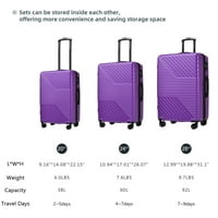 Komplet za prtljag trodijelni proširivi koferi s TSA bravom i kotačima za zaključavanje i spinner, abs trajno set za prtljagu, ljubičasta
