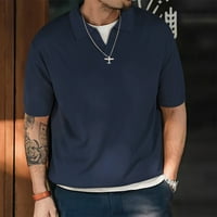 Muška košulja Muška labava pletena kratka rukava, puna boja modna, majica s V-izrezom plava m