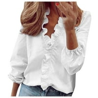 Chic ruffle trim bluze za žene trendi solidna boja V izrez dugih rukava Business casual bluza