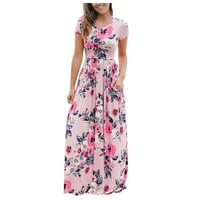 Ljetne haljine za žene cvjetni tiskani kratki rukav s džepovima s kratkim majicama Stylish Maxi Party