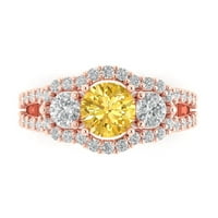 2. CT sjajan okrugli rez simulirani žuti dijamant 14k Rose Gold Solitaire sa akcentima tromjerna prstena veličine 11