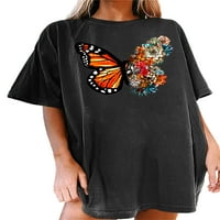 Prednjeg swwalk dame casual leptir cvjetni print majica Crew vrat Osnovna bluza tunika Majica na plaži s kratkim rukavima