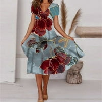 Žene Elegant V izrez cvjetni ispisani Flowy Midi haljine Ljeto casual s kratkim rukavima Tunika Slim