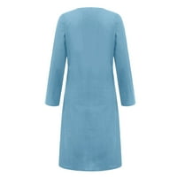 Gotyou haljine Ženska ljetna casual pune boje dugih rukava V-izrez za šivanje labavog džepa pamučna posteljina haljina nebo plava xxxxxl