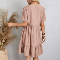 Ljetne haljine za žene Himeway Dame Ležerne prilike seksi solidne boje V-izrez Labavi patchwork haljina kratkih rukava ružičasta S