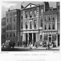 Exchange uglja, 1830. Nthe Exchange, Thames Street, London, Engleska. Čelično graviranje, engleski,