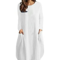 Plus size Ljetne haljine neutralna haljina dužine koljena za žene brodski brod, čvrsti džepni džep bijeli
