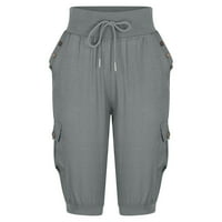 Ylioge ženske ljetne trendy pantalone za posteljinu visokog struka kože kaprize, čvrste boje Capri opuštene