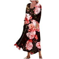 Feterrnal ženska casual udobna cvjetna print tri četvrtine rukava pamučna džepa haljina duge haljine za žene formalne