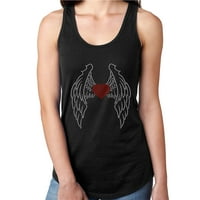 Ženska majica Rhinestone Bling Black Tee Red Heart Cring Wings Angel Rezervoar Back X-Veliki