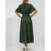 Ženski V-izrez patchwork dugačak čipkasti haljina s kratkim rukavima zelena xl
