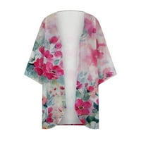 Poslovne ležerne odjeće za žene, ženski cvjetni print puff rukav kimono kardigan labav šifon pokriti casual bluza vrhovi Pink XL