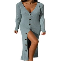 Glookwis Women Split Maxi Haljine Slim Fit Cardigan Haljina Ležerne prilike s jednim grudima Jednobojna Ribbed Plit Blue XL