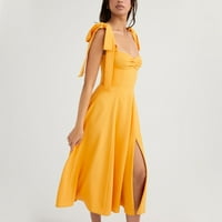 Haljine za žene srednje duljine klike s kratkim rukavima A-linijski ispisani halter ljetna haljina žuta