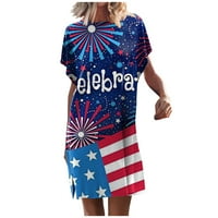 Tkinga modna dana nezavisnosti Ženska casual boho Print Lable Shift Haljina kratkih rukava Mini plaža Tamno plava XL