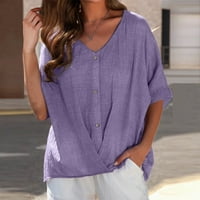 Iopqo majice za žene dame Ljeto pamučno posteljina V vrat pulover kratkih rukava labava bluza casual