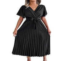 Wybzd ženska casual haljina V izrez kratki rukav nagling swight wamp flowy duga haljina s pojasom crnim s