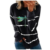 Olyvenn Dragonfly Print Stripe Crew Crt Duge dugih rukava za žene Ženska modna bluza Oblasnost ženska odjeća crna l