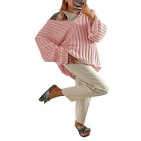 Žene jesenja labava pletiva, čvrsta boja pletena rebrasta s dugim rukavima V-izrez stilski ležerni džemper