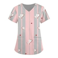 Dan zaljubljenih ženskih slatkih otisnutih kratkih rukava V izrez Top radna džepa Košulja Košulja svetla Siva XL
