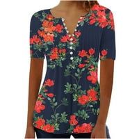 Trendi ljetni vrhovi za žene labavo fit casual gumb dolje cvjetni uzorak grafički teže majice kratki rukav u obliku rušenog plutane masir bluza tamno plava m
