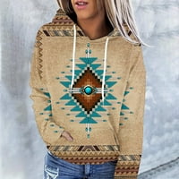 DUHOFER WOMENS vrhovi dukserica za žene Aztec Print Crewneck Cowgirl Odjeća zapadnu etničku stilu Geometrijska majica pulover sa džepovima Khaki M