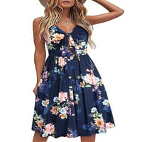 Voguele Dame klizne haljine cvjetno ispis Duljina koljena haljina bez rukava Summer Beach Sundress Party Casual Blue XXL