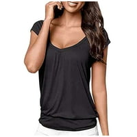 Ženska ljetna labava V-izrez Solidna boja elastična izrada majica s kratkim rukavima crna l