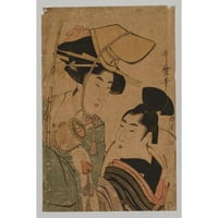 Kitagawa UTAMARO Black Ornate Wood uokviren dvostruki matted muzej umjetnosti print naslovljen - žena koja predstavlja dobru sreću