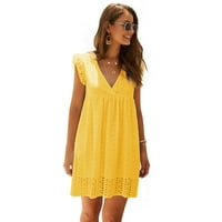 Ženske ljetne haljine V-izrez kratki rukav Ležerne haljina od čipke Swing Flowy Ruffle Hem Mini plaže Ljetne haljine žute s