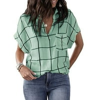 Ženska modna karirana džep za ispis Duboka V revel majica s kratkim rukavima majice MINT Green M