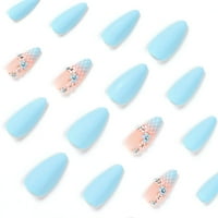 Party Style Blufairy Flora Diamond Dekoracija Ženska lažna nokti Savjeti sa gradijentnom plavom i bijelom rešetkom, pritisnite nokte šiljasti dizajn, srednje veličine