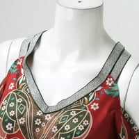 FSqjgq ženska labava ležerna vafla za bluzu dugih rukava za žene ljeto V vrpca za rezanje tiskane na ramenu s dugim rukavima Top košulje crvene xl