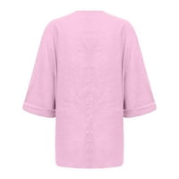 USMixi ženski vrhovi jesen odmotavajuće pamučne posteljine labavi fit čvrsti pulover vrhovi padajuće obične bluze s dugim rukavima s dugim rukavima majice ružičasta L