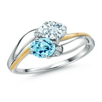 Sterling srebro i 10k žuto zlato plavo apatitno nebo plavi akvamarinski okrugli kamen i laboratorij uzgojili dijamantni prsten za žene za žene