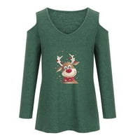 Pad dukseva za žene praznični pulover casual majica udobnosti dugih rukava s dugim rukavima V-izrez hladno rame pulover Lady Cute Reindeer Grafičke majice Božićna odjeća zelena m