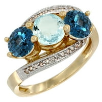14k žuti zlatni prirodni akvamarinski i londonski plavi topaz bočni kameni prsten okrugli dijamant akcent,