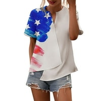 Booker Dan nezavisnosti Žene vrhovi bluza Patchwork Color tiskani V izrez Nepravilna majica Vrh