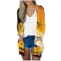 Ženski kardigani ustaljenu odjeću Ženska modna casual Halloween Print Srednji duljina kardigana džep kaput žuta m