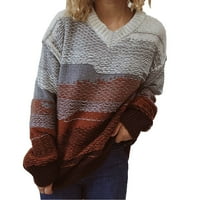 Ženski džemperi Patchwork ispisali V-izrez Ležerne prilike sa dugim rukavima, Leaserkerker pletene pulover vrhove Dnevni džemperi