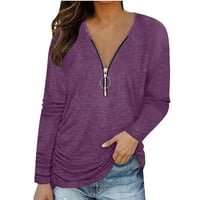 Dugi rukav V-izrez čvrsti pulover patentne patentne bluze za žene ljubičaste veličine 2xl